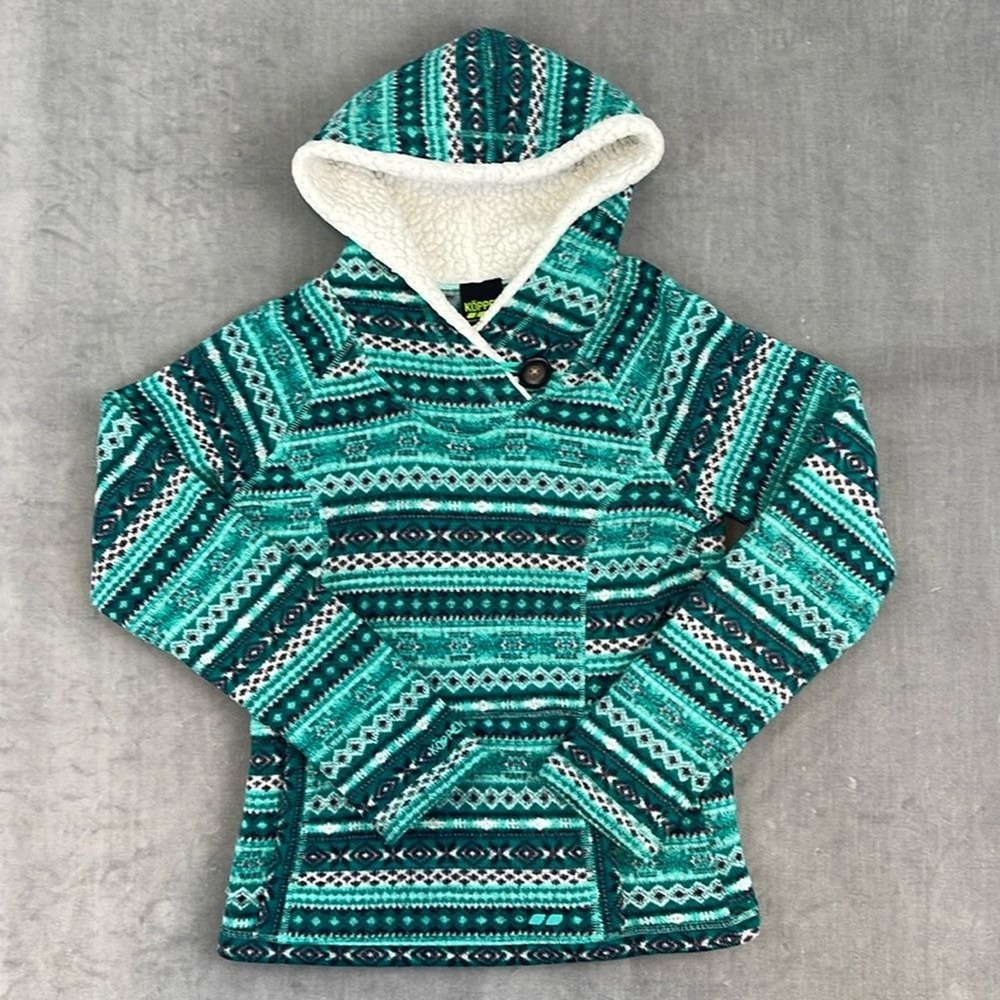 Koppen Women Small Turquoise Tribal Fleece Sherpa Lined Hooded Pullover Top
